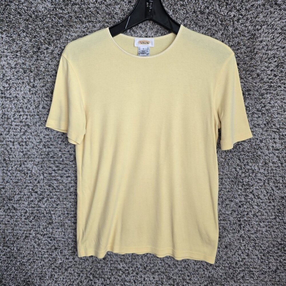 Talbots Top Womens Small Yellow Knit Short Sleeve Crew Neck Rayon Cotton Ladies